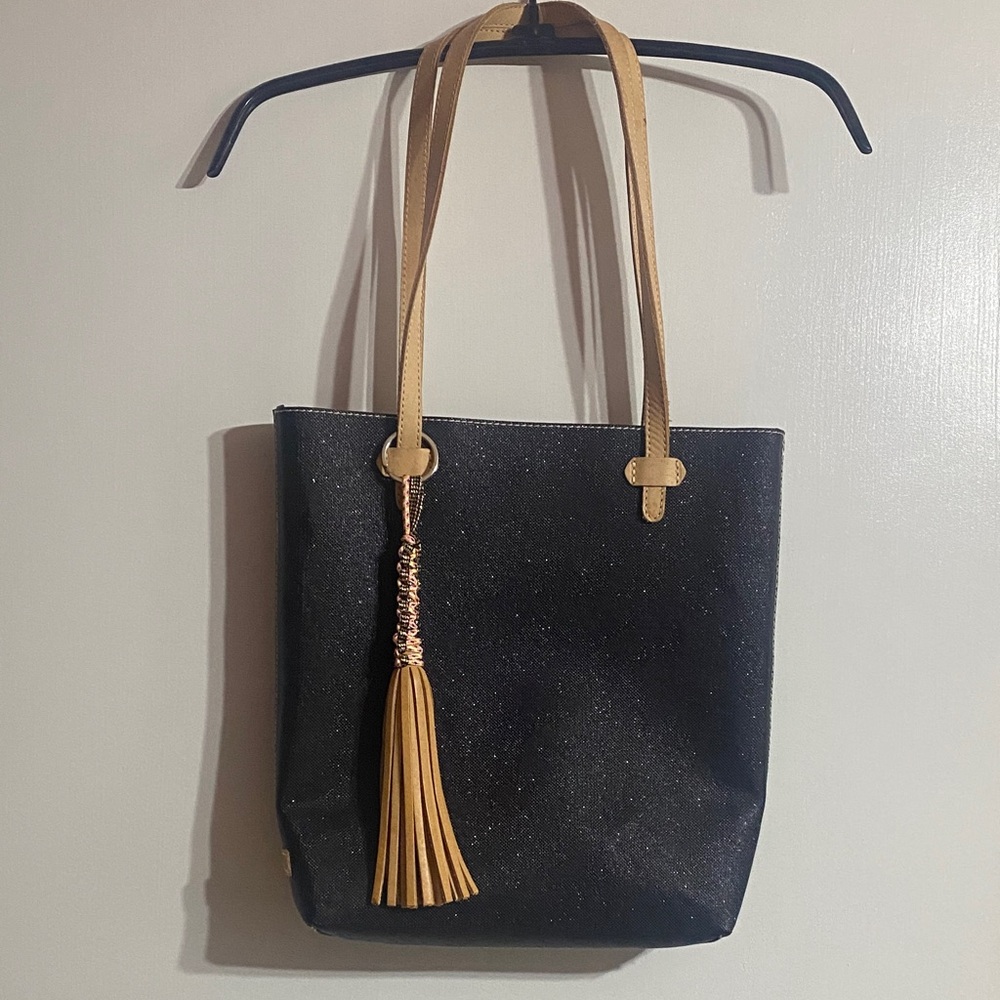 Consuela Black Shimmer and Tan Everyday Tote with Tassel
